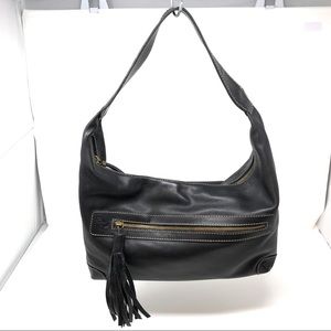 ROBERT PIETRI black leather fringe tassel, hobo style bag, made in Spain